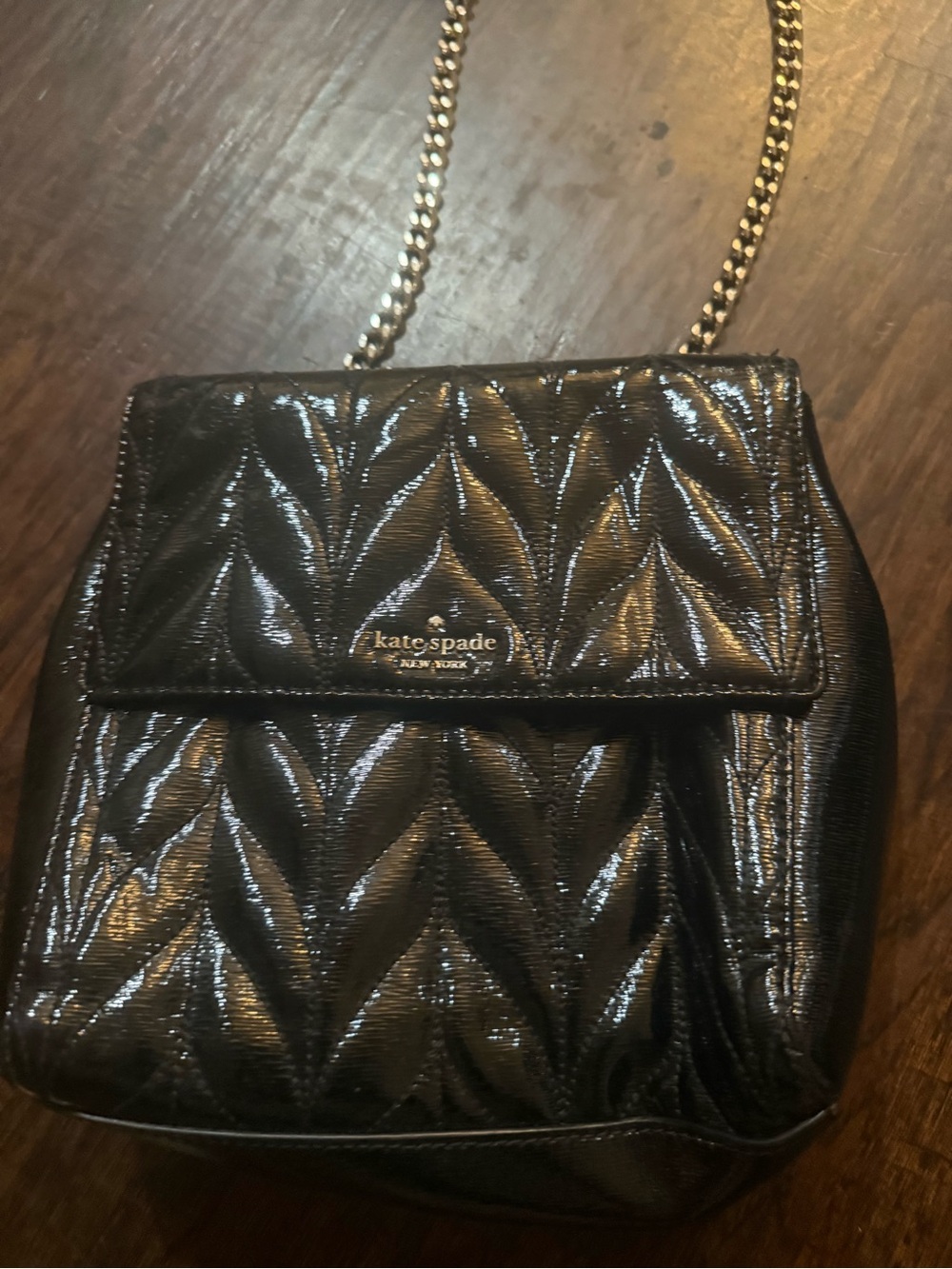 kate spade Black Quilted Patent Crossbody with Gold Chain